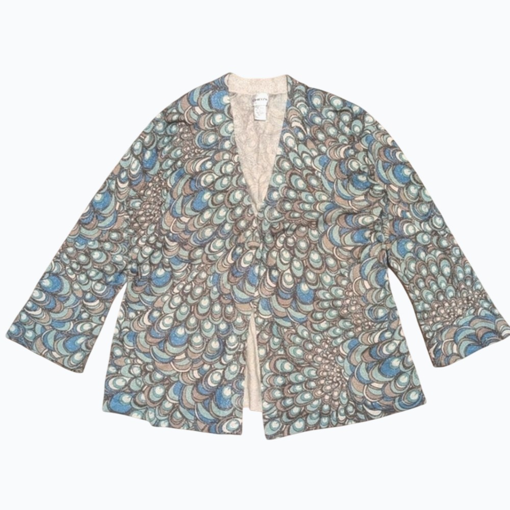 Chico's Sweater Womens 2 Large 12 Teal‎ Gray Silver Peacock Metallic Cardigan